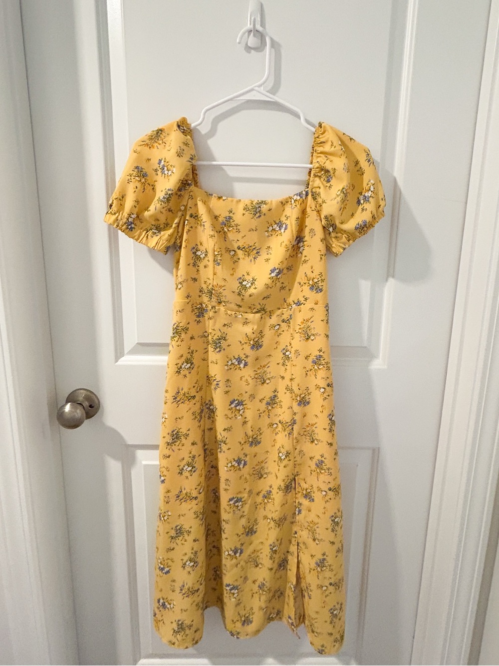 Yellow Floral Puff Sleeve Midi Sun Dress